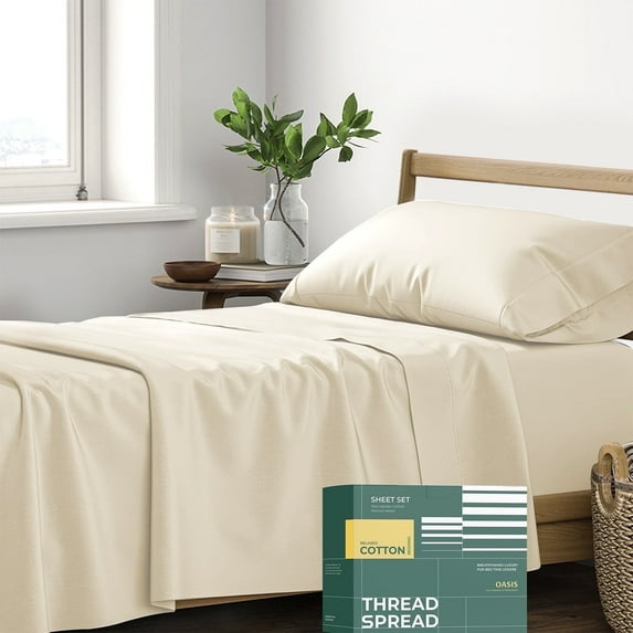 THREAD SPREAD 100% Organic Cotton Sheets Twin Sheets - Percale Weave Cotton Sheets Twin Size (3 PC, Ivory), Soft Cooling Hotel Sheet Set
