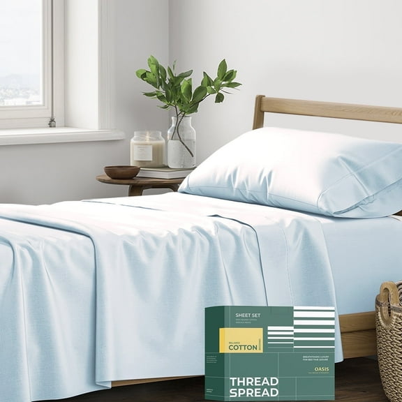 Thread Spread 100% Organic Cotton Sheets Twin Size - 3 PC Organic Cotton Twin Size Percale Weave Sheet Set, Soft, Cooling & Crisp, 16" Deep Pocket Bedding Set for Dorm Room - Light Blue