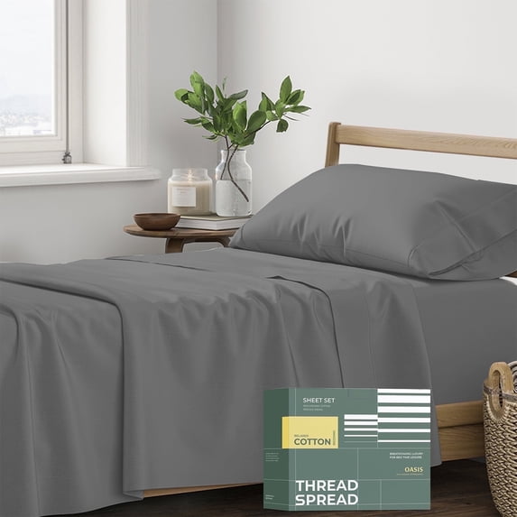 THREAD SPREAD 100% Organic Cotton Sheets Twin XL Size - Percale Weave Cotton Sheets Twin XL Size (3 PC, Dark Grey), Soft Cooling Hotel Sheet Set
