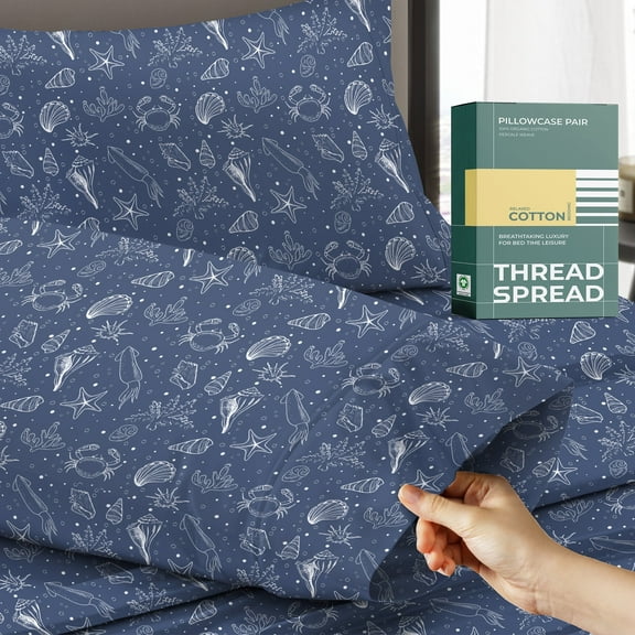 THREAD SPREAD Queen Pillow Cases Set of 2 - 100% Organic Cotton Pillowcases Queen Size - Crisp, Cooling Percale Printed Pillowcase (Twilight Ocean)