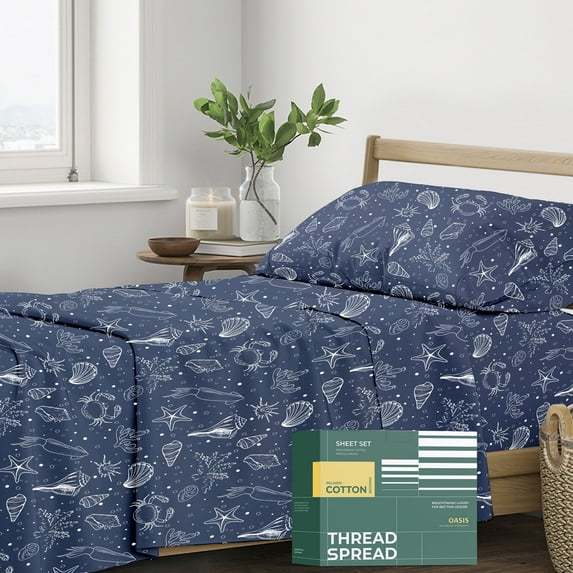 Thread Spread 100% Organic Cotton Sheets Twin XL Size - 3 PC Printed Organic Cotton Twin XL Percale Weave Sheet Set, Soft, Cooling, Crisp, 16" Deep Pocket Bedding Set for Dorm Room - Twilight Ocean