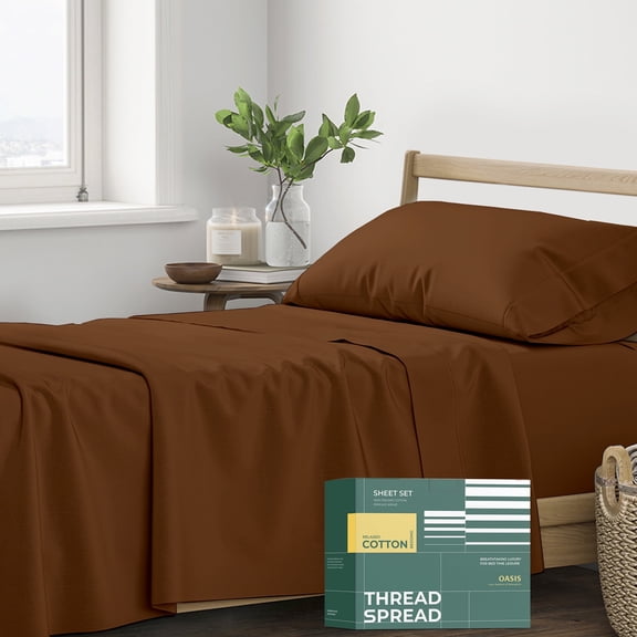 THREAD SPREAD 100% Organic Cotton Sheets Twin XL Size - 144 Thread Count Percale Weave Cotton Sheets (3 PC, Brown), Soft Cooling Hotel Sheet Set