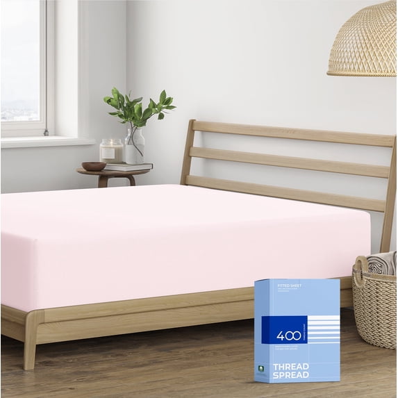 Thread Spread 100% Cotton Fitted Sheet King Size - 400 Thread Count Fitted Sheet King Cotton Only, Luxuriously Soft, Durable, Cooling 16" Deep Pocket Sateen Weave Bottom, Luxury Hotel Quality - Blush