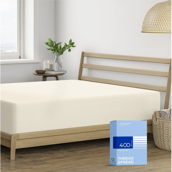 THREAD SPREAD 100% Cotton California King Fitted Sheets Only - 400 Thread Count Cal King Sheets Deep Pocket Fitted, Soft Cooling Sateen No Pop-Off Elastic Bottom Sheet, Fits Mattress upto 18"- Ivory