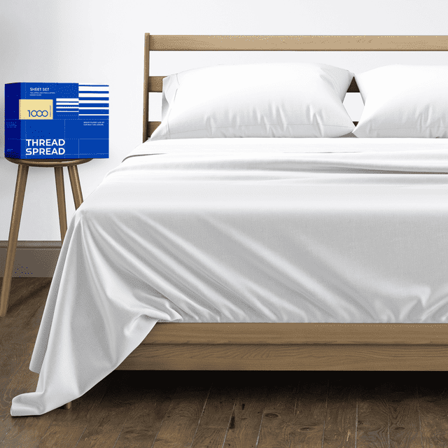 THREAD SPREAD 100% Egyptian Cotton Queen Sheet Set - Luxury High Thread Count Egyptian Cotton Bed Sheets Queen Size, 16" Deep Pocket Bed Set, Silky Soft, Cooling, Sateen Weave Bedding - White