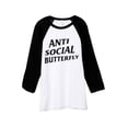 thumbnail image 1 of Thread Tank Anti Social Butterfly Unisex 3/4 Sleeves Baseball Raglan White Black X-Small, 1 of 4