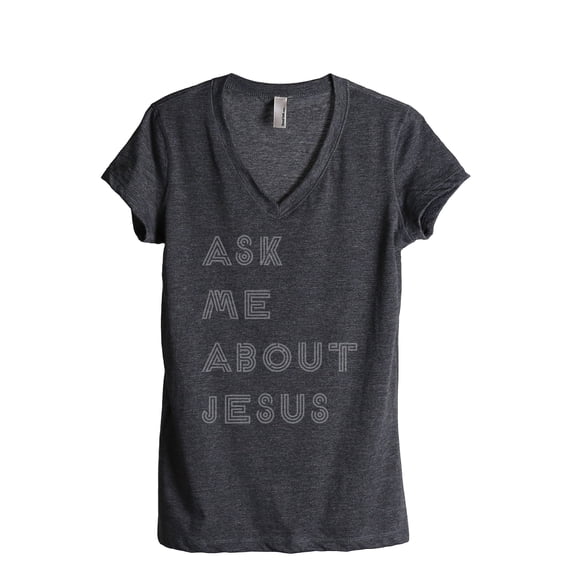 Thread Tank Ask Me About Jesus Women's Relaxed V-Neck T-Shirt Tee Charcoal Small