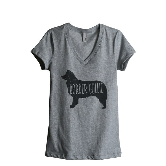 Thread Tank Border Collie Dog Silhouette Women's Relaxed V-Neck T-Shirt Tee Heather Grey Small