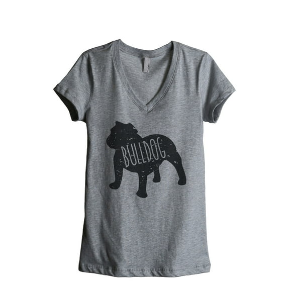 Thread Tank Bulldog Dog Silhouette Women's Relaxed V-Neck T-Shirt Tee Heather Grey Small