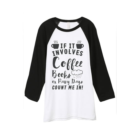 Thread Tank Coffee Books Rainy Days Unisex 3/4 Sleeves Baseball Raglan White Black Small