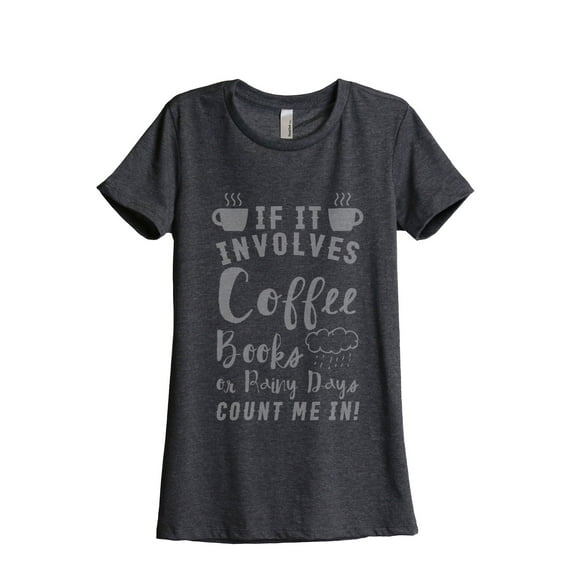 Thread Tank Coffee Books Rainy Days Women's Relaxed Crewneck T-Shirt Tee Charcoal Large