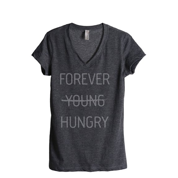 Thread Tank Forever Young Hungry Women's Relaxed V-Neck T-Shirt Tee Charcoal 2X-Large