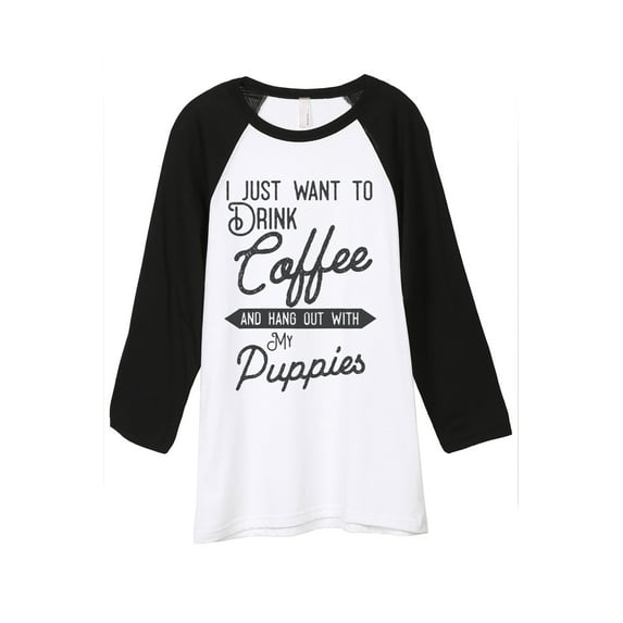 Thread Tank Hang Out With Puppies Unisex 3/4 Sleeves Baseball Raglan White Black Small