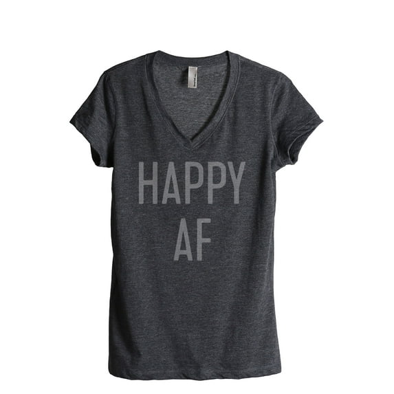 Thread Tank Happy AF Women's Fashion Relaxed V-Neck T-Shirt Tee Charcoal Small