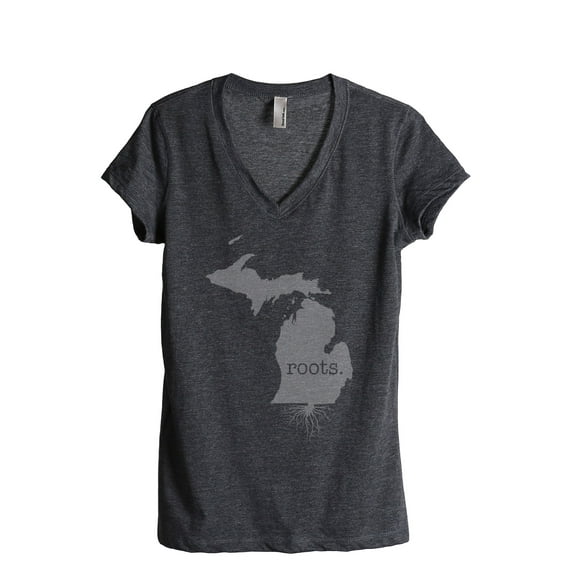 Thread Tank Home Roots State Michigan MI Women's Relaxed V-Neck T-Shirt Tee Charcoal Medium