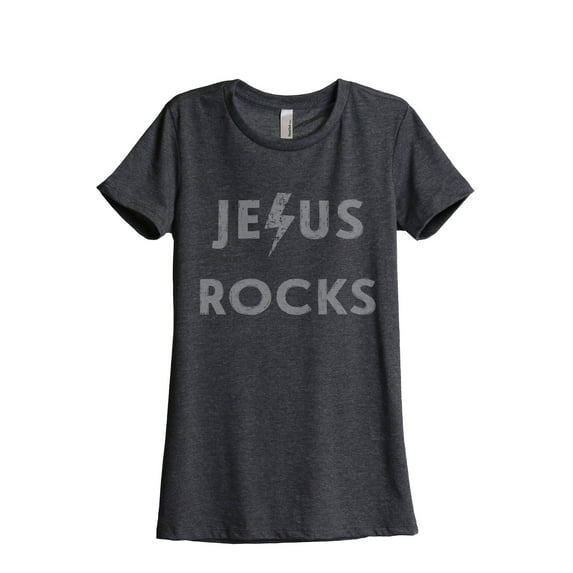 Thread Tank Jesus Rocks Women's Relaxed Crewneck T-Shirt Tee Charcoal Medium