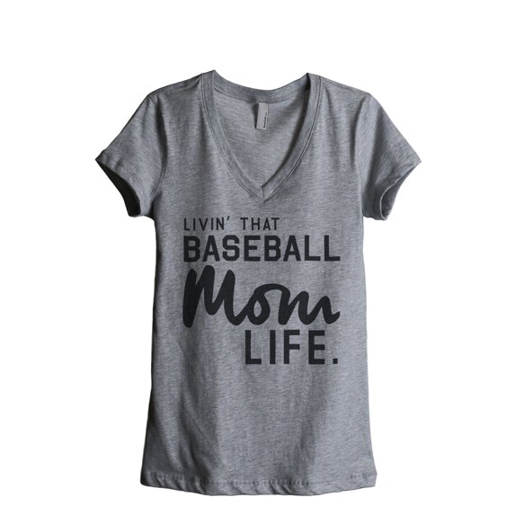 Thread Tank Livin' That Baseball Mom Life Women's Fashion Relaxed V-Neck T-Shirt Tee Heather Grey Large