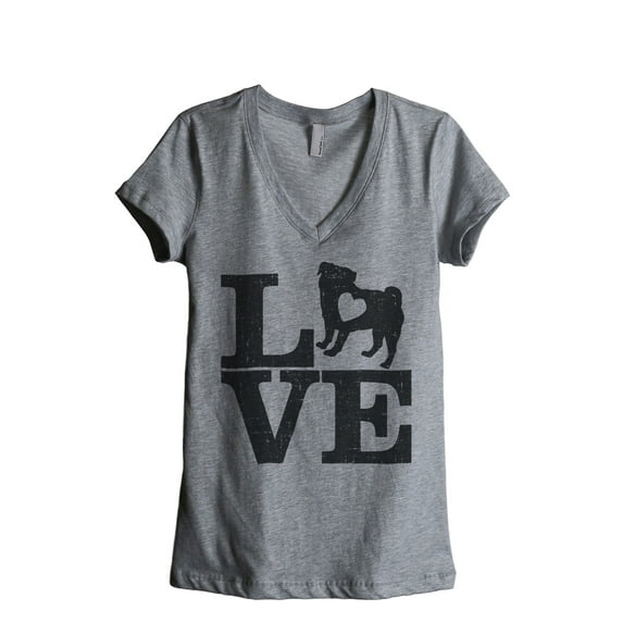 Thread Tank Love Pug Women's Fashion Relaxed V-Neck T-Shirt Tee Heather Grey Small