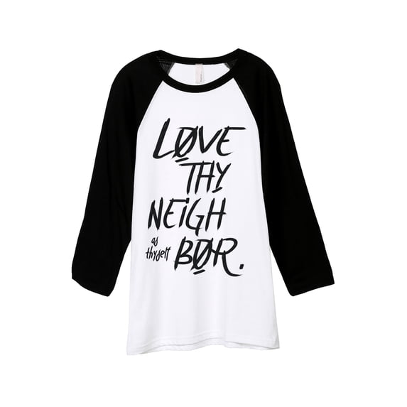 Thread Tank Love Thy Neighbor Unisex 3/4 Sleeves Baseball Raglan White Black Small