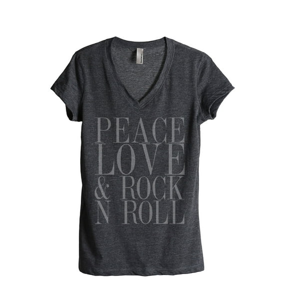 Thread Tank Peace Love And Rock n Roll Women's Relaxed V-Neck T-Shirt Tee Charcoal Medium