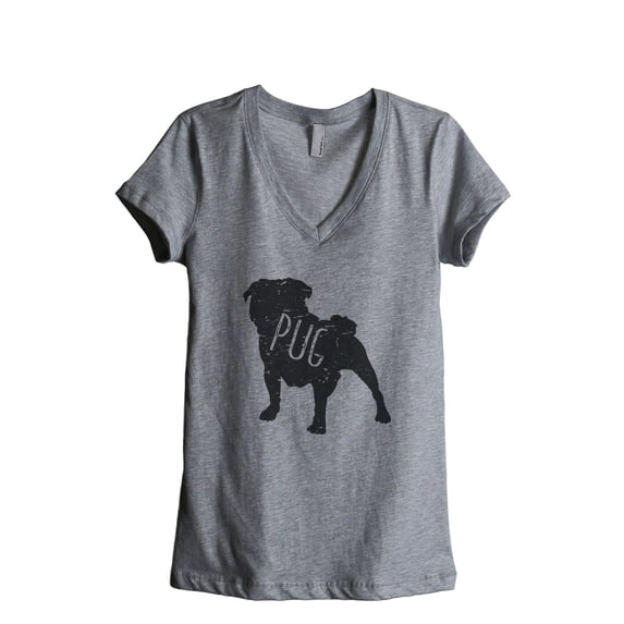 Thread Tank Pug Dog Silhouette Women's Relaxed V-Neck T-Shirt Tee Heather Grey Small