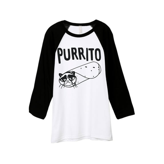 Thread Tank Purrito Cat Unisex 3/4 Sleeves Baseball Raglan White Black X-Large