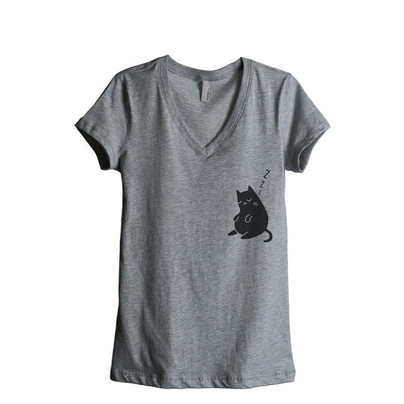 Thread Tank Sleepy Cat Women's Relaxed V-Neck T-Shirt Tee Heather Grey Small