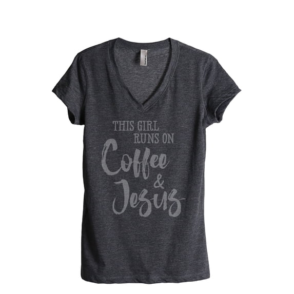 Thread Tank This Girl Runs On Coffee And Jesus Women's Relaxed V-Neck T-Shirt Tee Charcoal Small