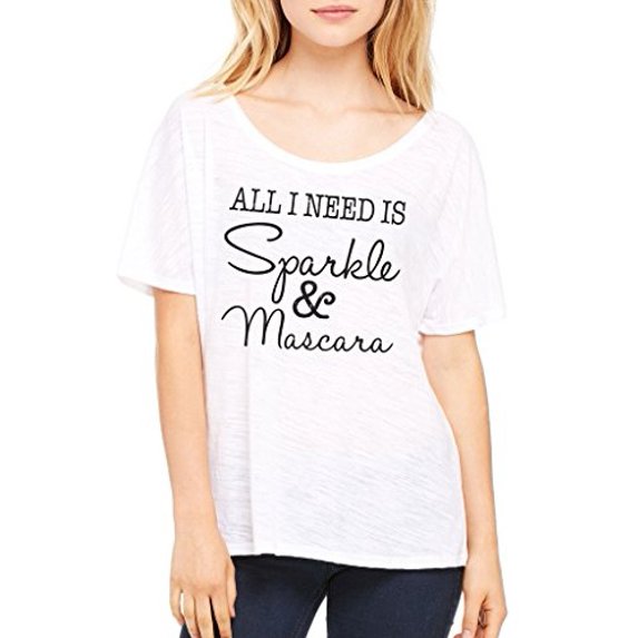 Thread Tank Women's All I Need Is Sparkle and Mascara Slouchy Tee Small White