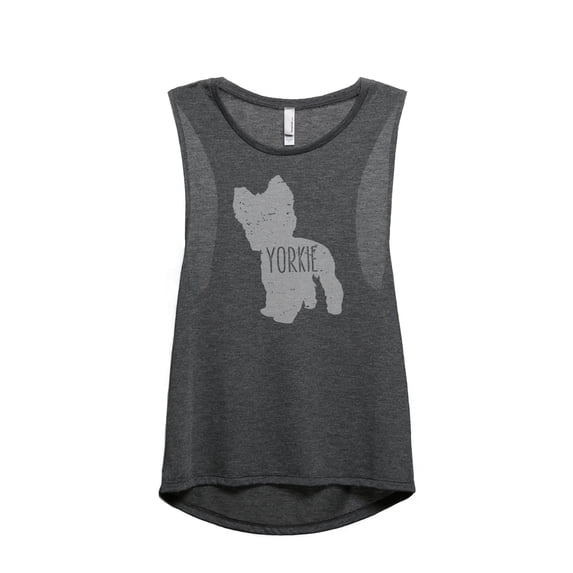 Thread Tank Yorkie Terrier Dog Silhouette Women's Sleeveless Muscle Tank Top Charcoal Medium