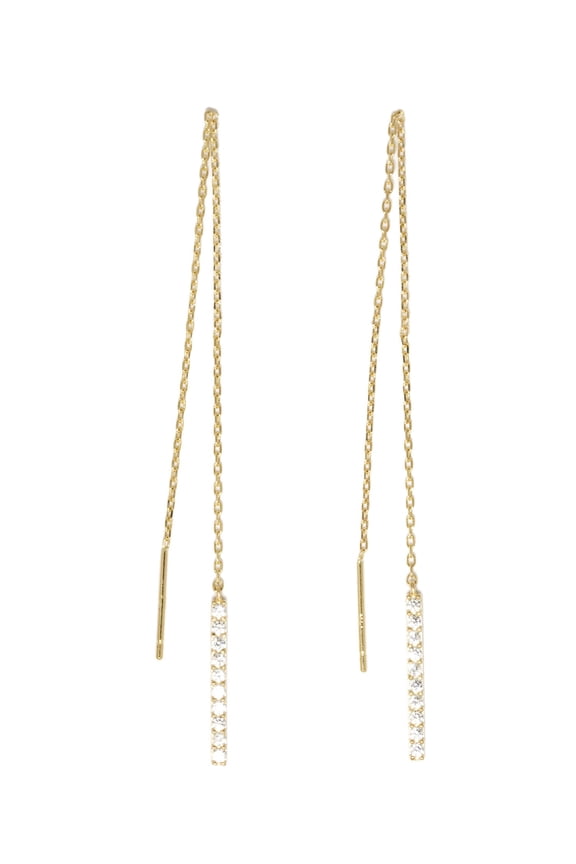 Thread-Through CZ Small Bar Chain Earrings in 14K Yellow Gold