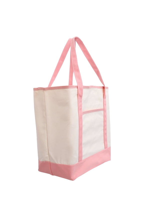 Extra Large 100% Cotton Natural Canvas Tote Bag With Light Pink Handles - 22"x16"x6" - 14 oz Canvas - For Women, School, Shopping, Beach, Getaways, Gifts