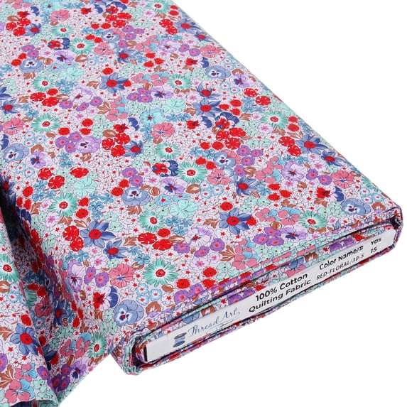 ThreadArt Premium Cotton Quilting Fabric Sold By The Yard - Spring Picnic Collection - Red Floral - 44" Width - 100% Cotton - Quilting, Sewing, Crafts