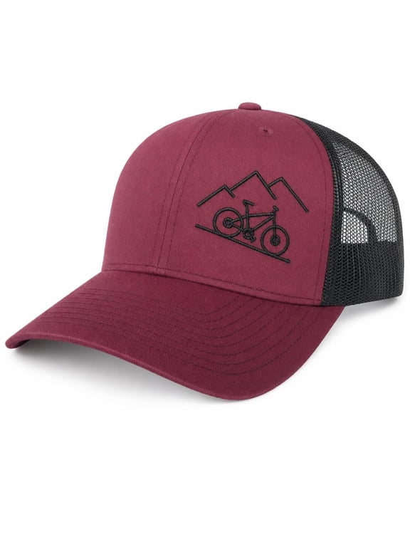 ThreadBound Mountain Bike Design Outdoor Trucker Hat Snapback, Maroon/Black