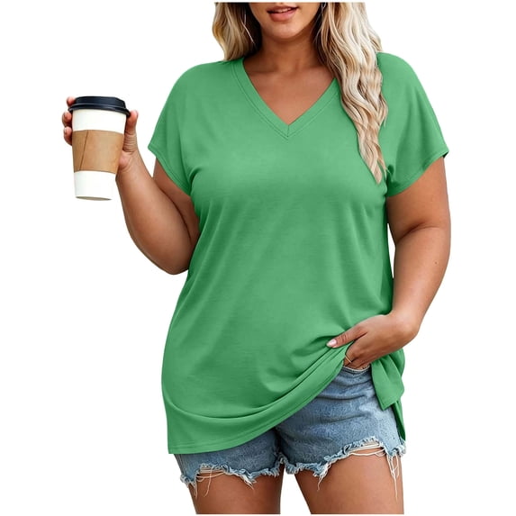 Scgaewj Women Plus Size V‑Neck Short Sleeve T‑Shirts XL‑5XL, Solid Color Loose‑Fit Flowy Summer Tunic Blouses, Casual Daily‑Wear Tops