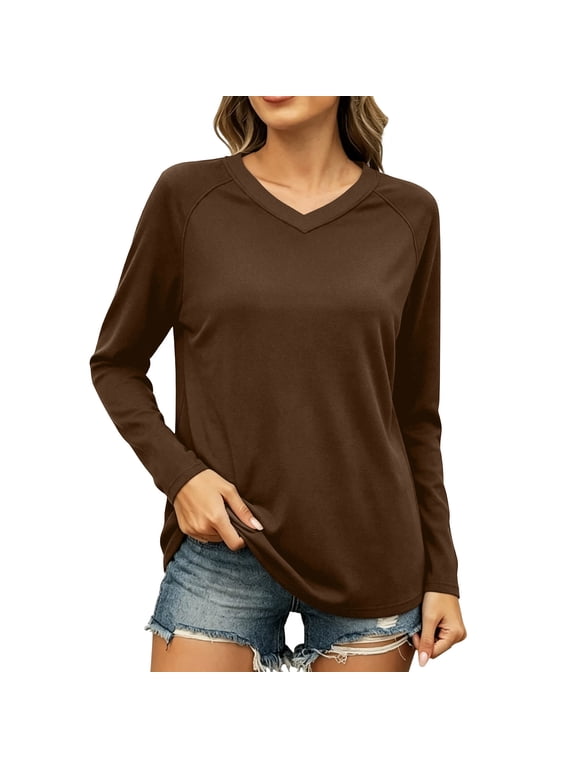 Women Solid Long‑Sleeve 100% Cotton V‑Neck Basic T‑Shirts, Loose‑Fit Tunic Tops,Soft Comfortable Casual Tees,Spring Summer Fall Trendy Daily‑Wear Clothing