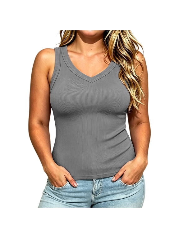 Womens Plus Size Tank Tops V Neck Sleeveless Ribbed Tank Casual Basic Thick Strap Slim Fitted Racerback Shirts Cute Going Out Top,Business Casual Outfits