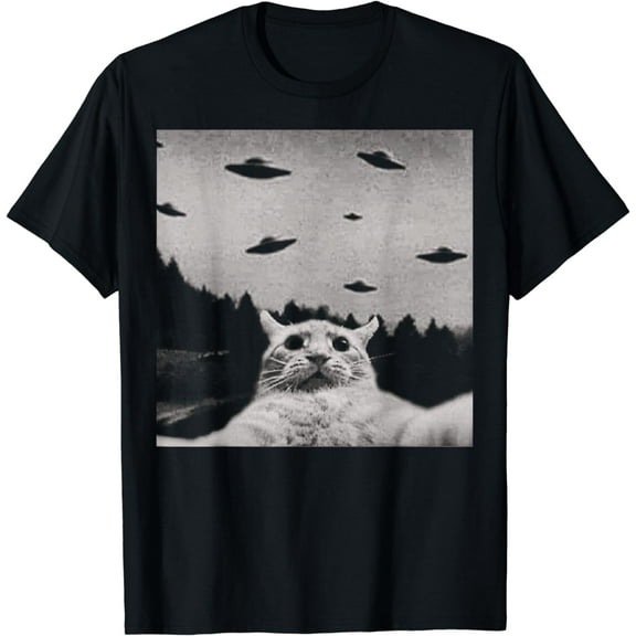 ThreadWeird Alien Cat UFO T-Shirt - Classic Fit, Round Neck, Black, Adult