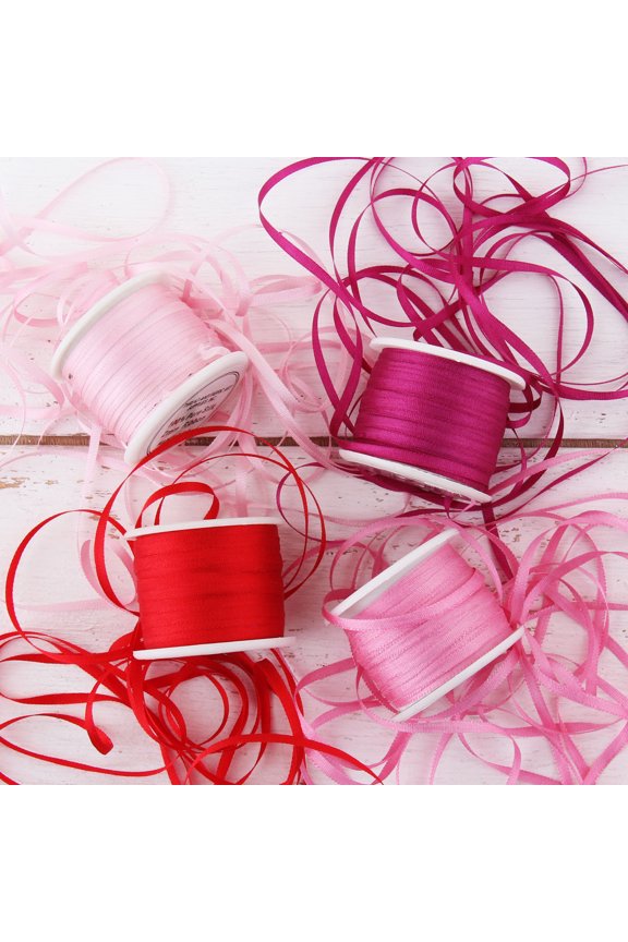 2mm Silk Ribbon Set - Red/Pink Shades - Four Spool Collection - 100% Pure Silk Ribbon - 10m (11yd) Spools - 44 Yards of Ribbon