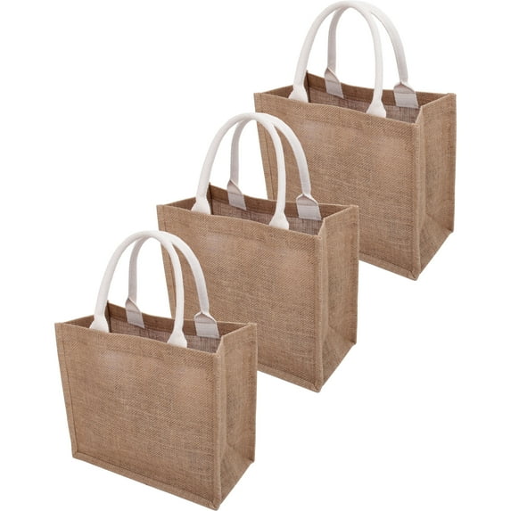 Threadart 3 Pack Jute Tote Bag - Medium Size - 14.5x13x7 - Fine Burlap Jute Reusable Gift Favors Bag with Handles Blank Tote Bulk for Bridesmaids, Women, Shopping, Bachelorette Party, Beach Trip, DIY
