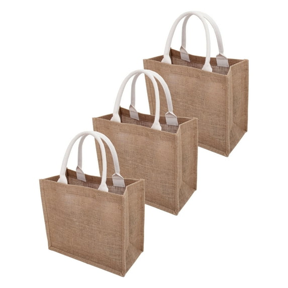 Threadart 3 Pack Jute Tote Bag - Small Size - 12x10x6 - Fine Burlap Jute Reusable Gift Favors Bag with Handles Blank Tote Bulk for Bridesmaids, Women, Shopping, Bachelorette Party, Beach Trip, DIY