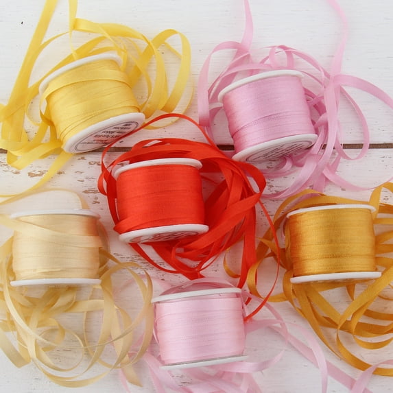 Threadart 4mm Silk Ribbon Set - Sunrise Shades - Six Spool Collection - 100% Pure Silk Ribbon - 10m (11yd) Spools - 66 Yards of Ribbon