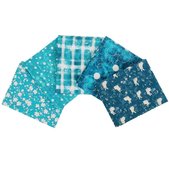 Threadart 5 Fat Quarters Fabric Bundles - Teal Vintage Prints 100% Cotton - Quilting and Sewing