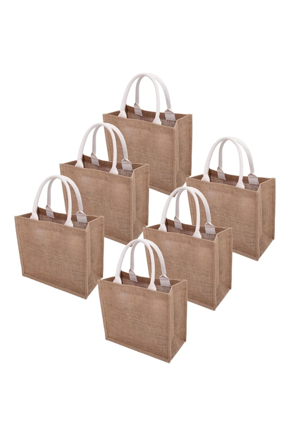 6 Pack Jute Tote Bag - Medium Size - 14.5x13x7 - Fine Burlap Jute Reusable Gift Favors Bag with Handles Blank Tote Bulk for Bridesmaids, Women, Shopping, Bachelorette Party, Beach Trip, DIY