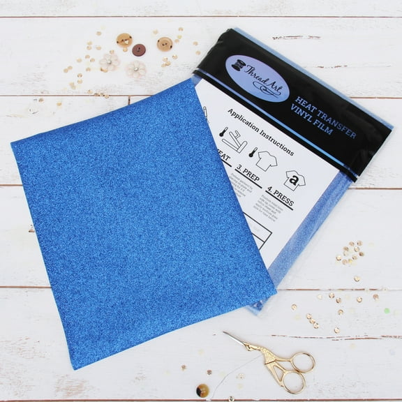 Threadart 10" x 12" Glitter Heat Transfer Vinyl Precut Sheets | 12 Sheets | Glitter Colors | Compatible with Cricut Silhouette and Cameo | HTV | Blue