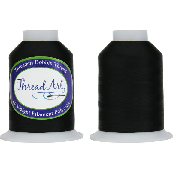 Threadart Bobbin Thread - 60wt Black - Two Huge Spools of 5000 Meters - White & Black Cones Available - 2 Spool Twin Pack