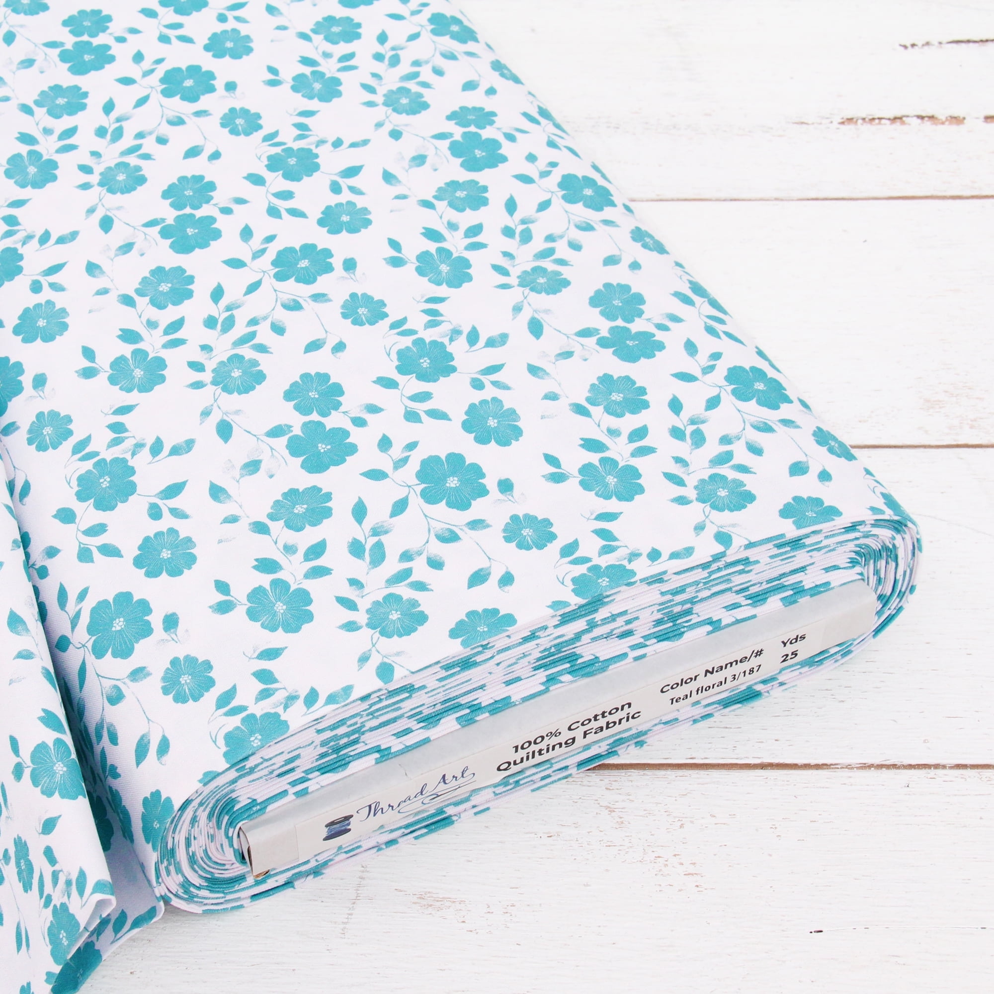 Threadart Cotton Quilting Fabric Sold By The Yard - Vintage Threads Collection - 44" Width - 100% Cotton - Quilting, Sewing, Crafts - Aqua Flower