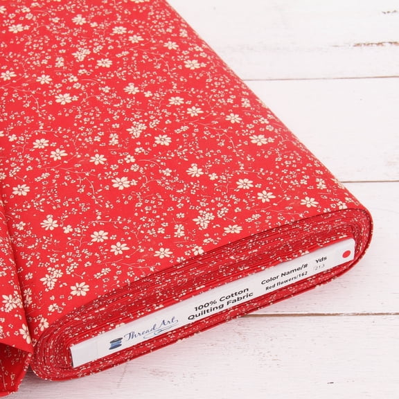 Threadart Cotton Quilting Fabric Sold By The Yard - Vintage Threads Collection - 44" Width - 100% Cotton - Quilting, Sewing, Crafts - Red Flower