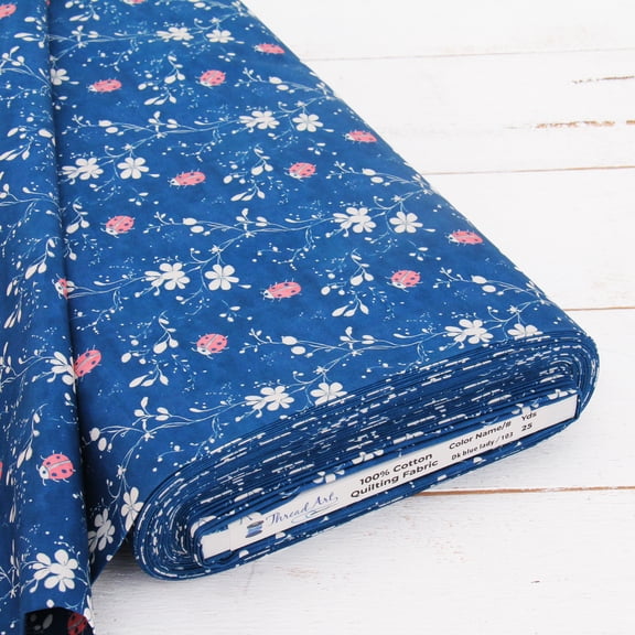 Threadart Cotton Quilting Fabric Sold By The Yard - Vintage Threads Collection - 44" Width - 100% Cotton - Quilting, Sewing, Crafts - Dark Blue Ladybug