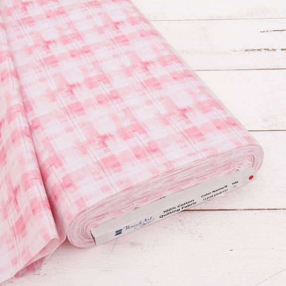 Threadart Cotton Quilting Fabric Sold By The Yard - Vintage Threads Collection - 44" Width - 100% Cotton - Quilting, Sewing, Crafts - Light Pink Plaid